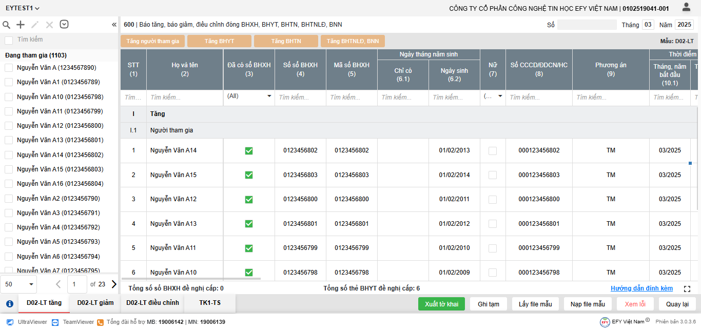 EFY-eBHXH: danh sách người tham gia sau khi nhập Excel